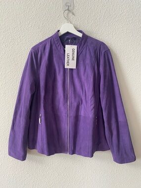 Jessica London Purple Suede Leather Zip-Front Jacket Plus Size 18 Wide